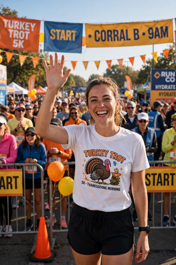 Grinning runner in a turkey graphic tee and black shorts at the start.