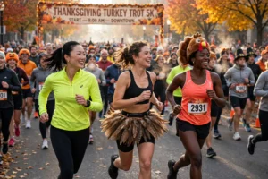 Three runners in festive turkey trot outfits racing together on Thanksgiving morning.