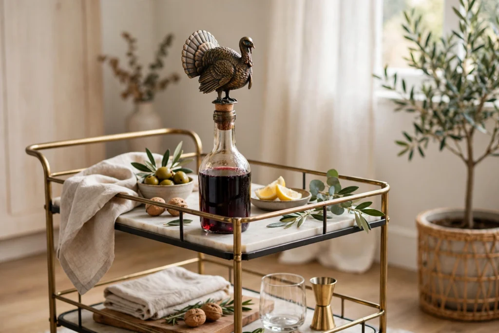 Bronze turkey wine stopper crowning an open bottle on a styled bar cart