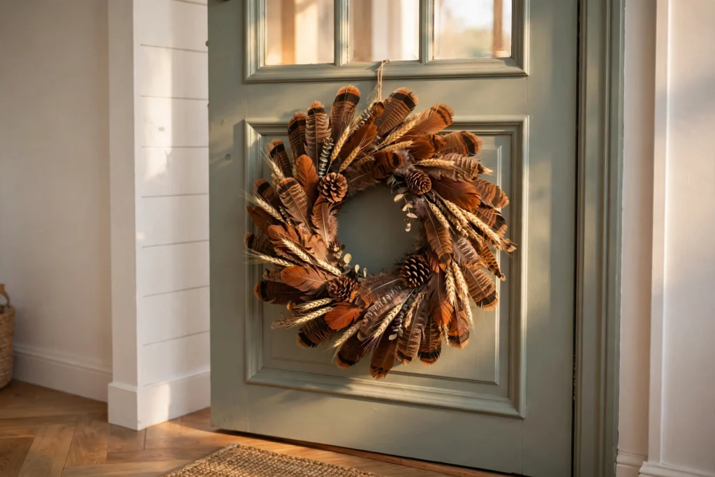 Turkey wreath of faux feathers, wheat and pinecones hanging on a front door