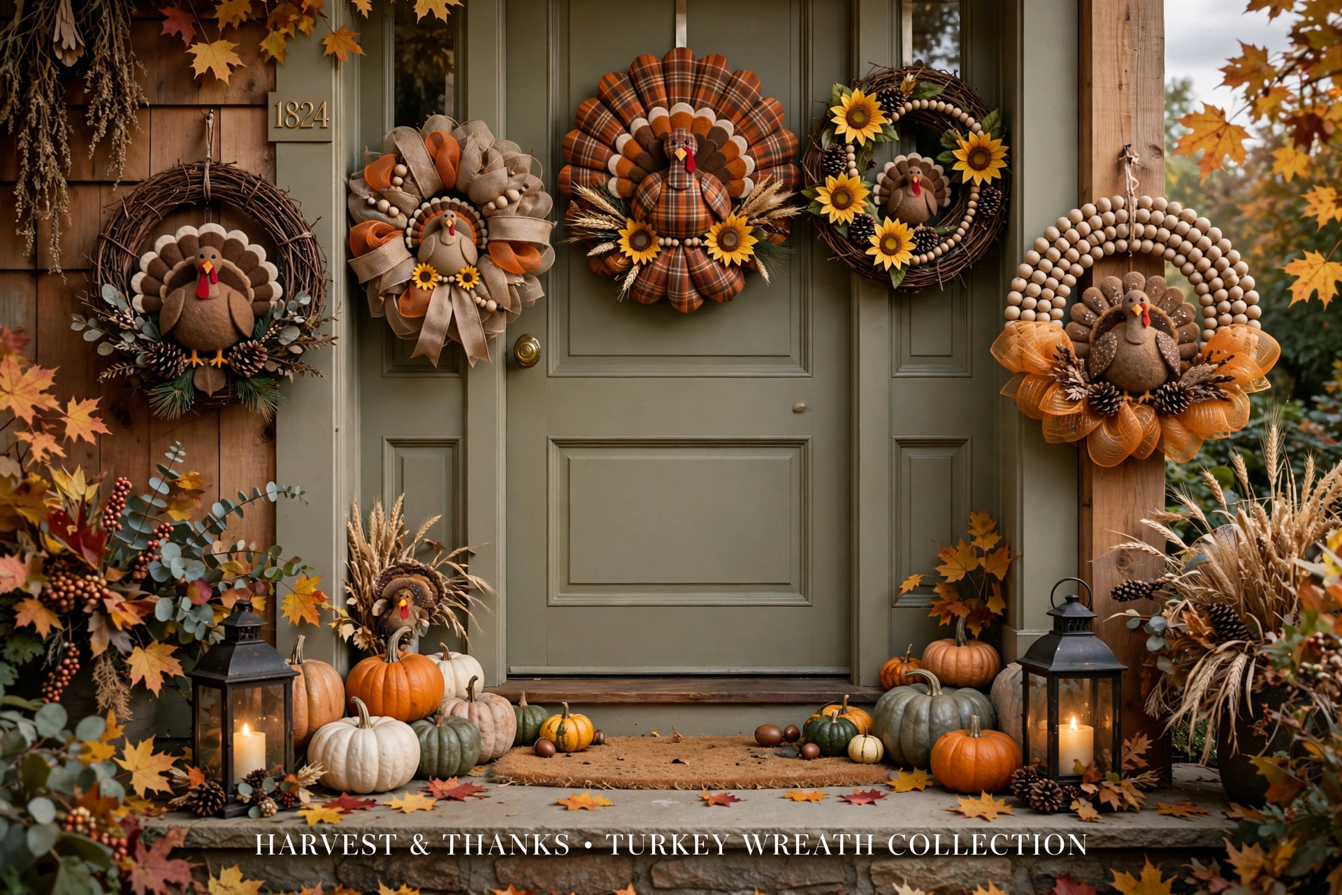 Festive front entryway styled with assorted turkey wreaths, pumpkins, and autumn decorations.