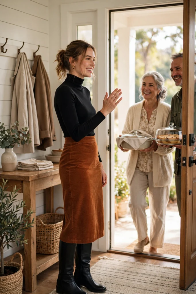 Turkey Day Outfit Ideas for a Festive Casual Look 17 Woman greeting guests in a turtleneck bodysuit and corduroy skirt at the door.