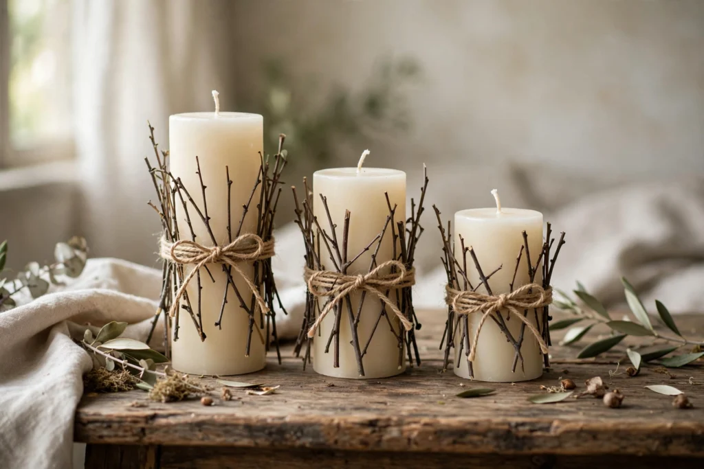 Rustic Thanksgiving Decor for a Warm Cozy Harvest Feel 13 Pillar candles wrapped in natural twigs as rustic table holders.