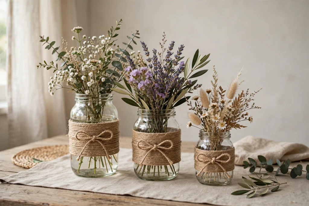 Budget Thanksgiving Tablescape Ideas That Still Look Elegant 11 Glass jars wrapped in twine holding flowers as rustic centerpieces.