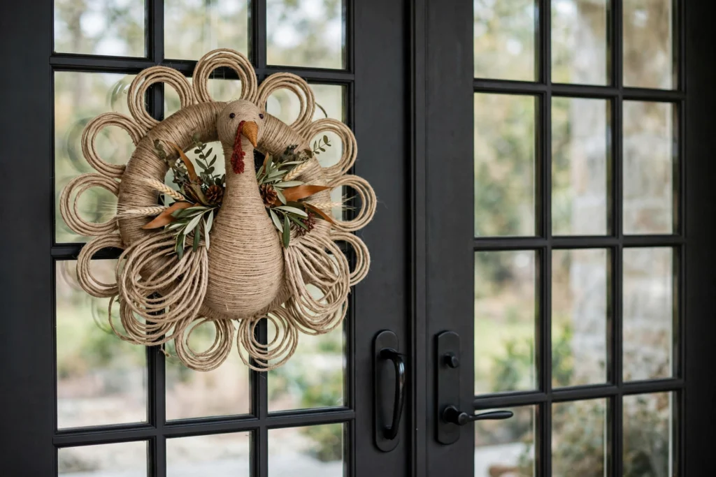 Twine-wrapped turkey wreath with natural jute coils on glass double front doors.