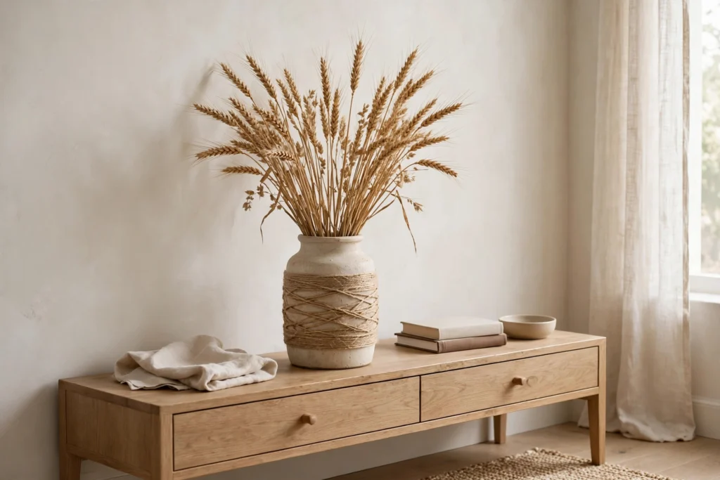Turkey Day Decor Ideas for a Cozy Festive Home 19 Twine-wrapped vase holding dried wheat stems on a styled wooden console table.