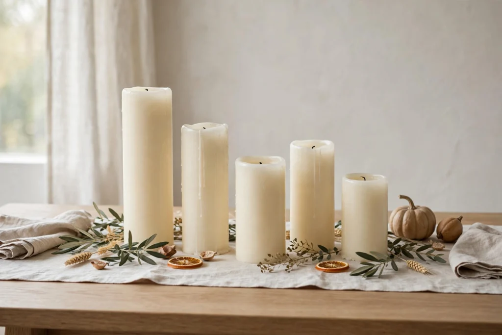 Modern Minimalist Thanksgiving Decor for a Chic Clean Table 12 Ivory pillar candles in varied heights glowing on a minimalist Thanksgiving table.