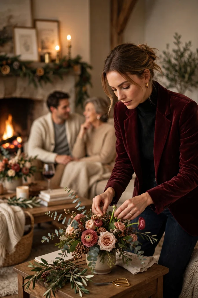 Turkey Day Outfit Ideas for a Festive Casual Look 3 Woman in a velvet blazer and black turtleneck arranging flowers before dinner.