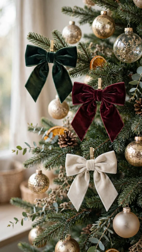 Christmas Tree Decorating Ideas for a Magical Holiday Look 13 Velvet bow ornaments clipped to Christmas tree branches among glass ornaments in daylight