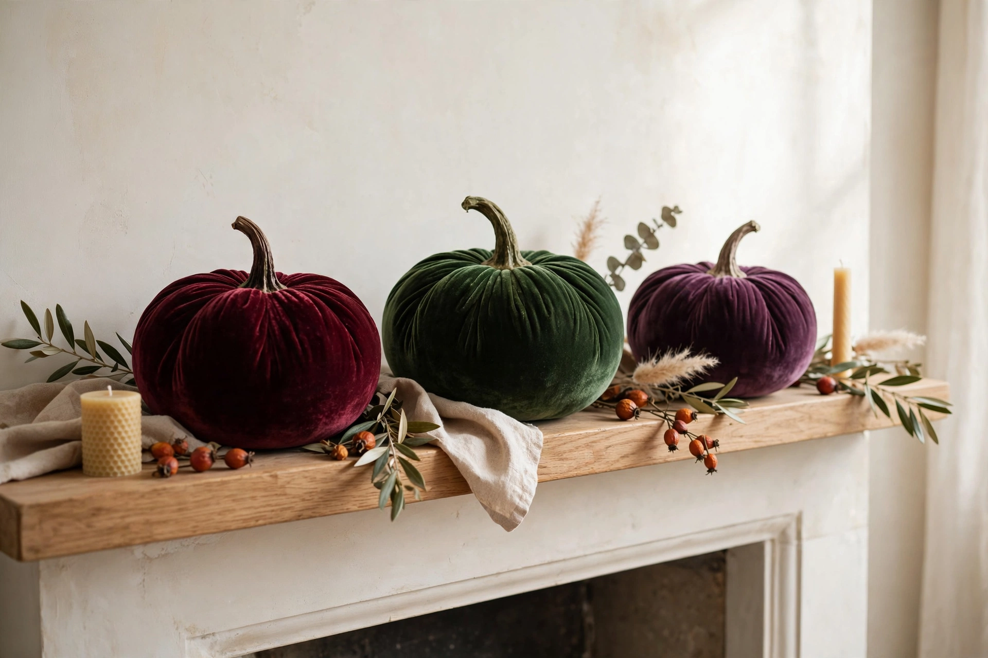 Velvet pumpkins in rich jewel tones arranged on a fireplace mantel.