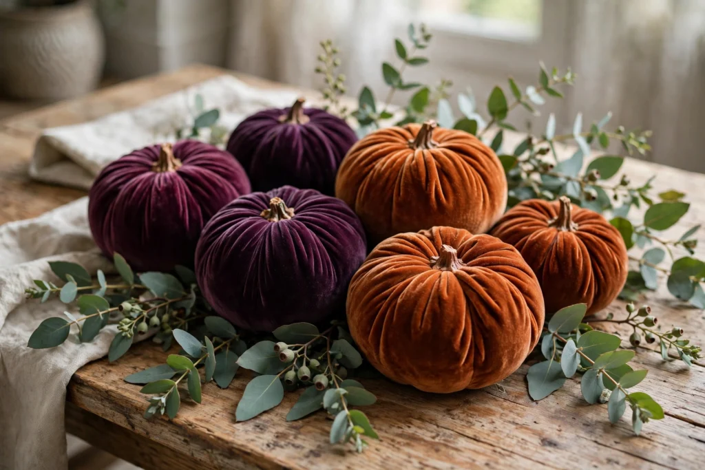 Friendsgiving Decor Ideas for a Fun Festive Party 7 Velvet pumpkins in plum and rust clustered on a wooden table with greenery.