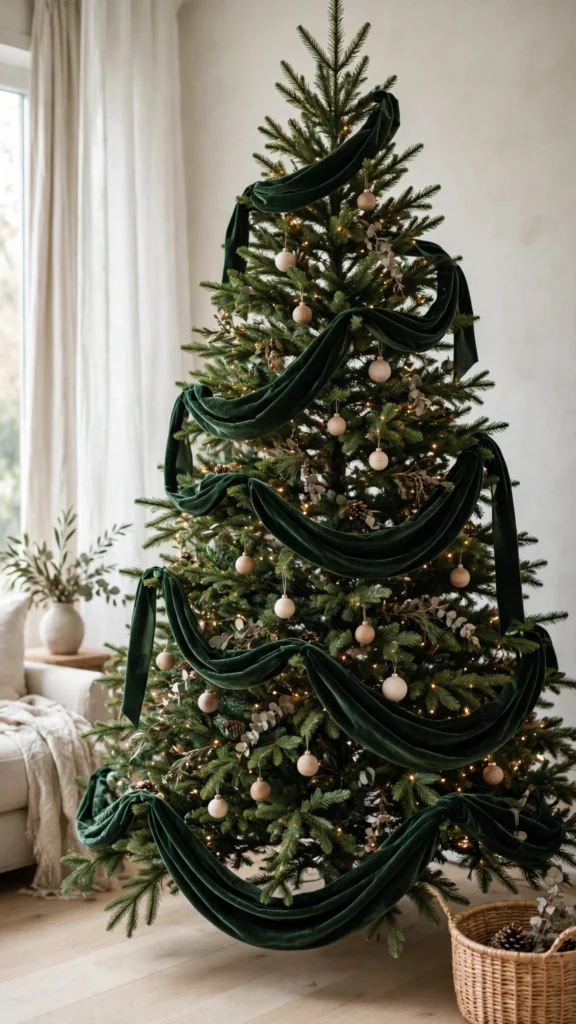 Christmas Tree Decorating Ideas for a Magical Holiday Look 7 Velvet ribbon garland draped in soft swags around a decorated Christmas tree