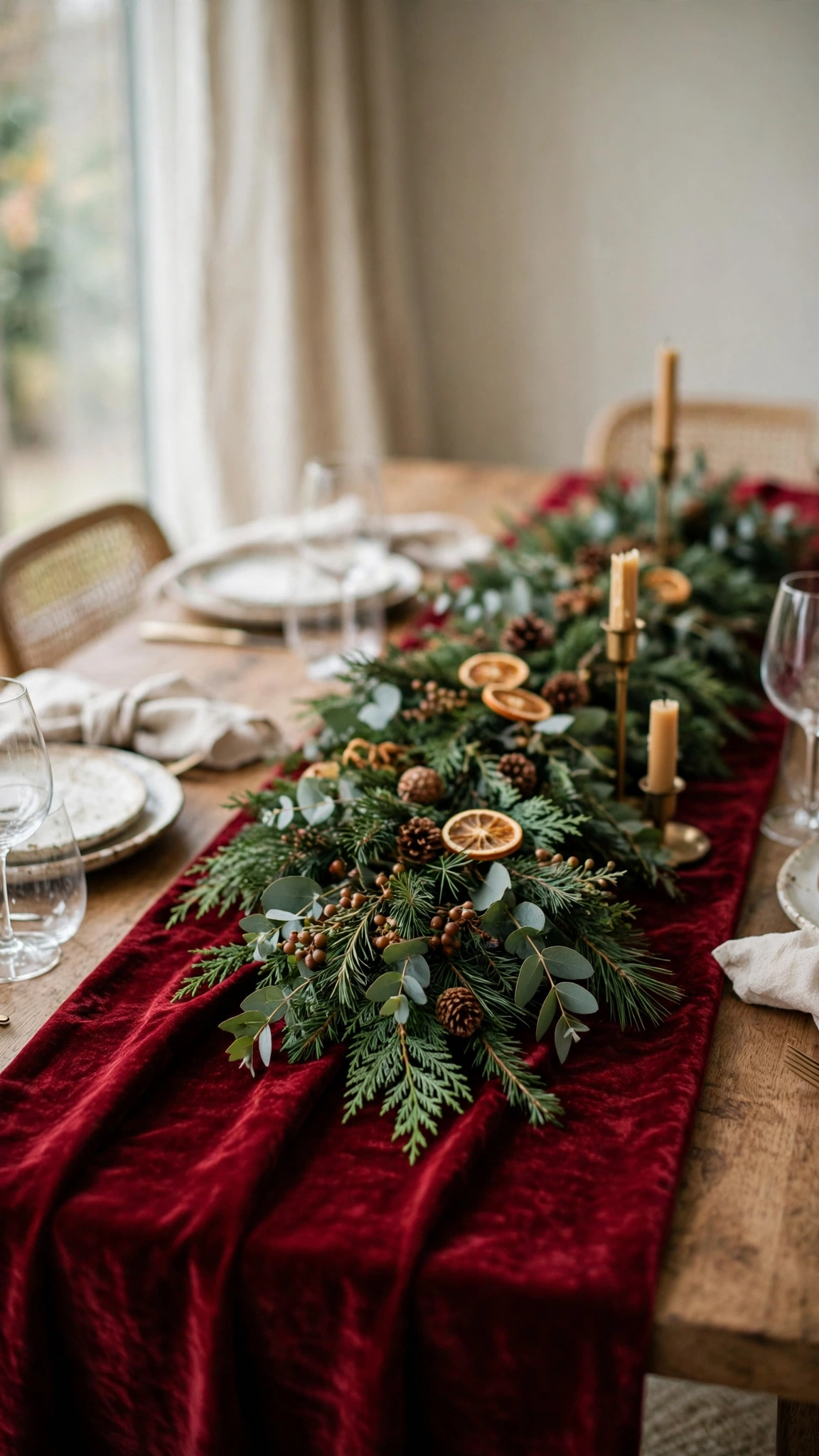 Deep red velvet table runner beneath fresh greenery on a festive Christmas table.