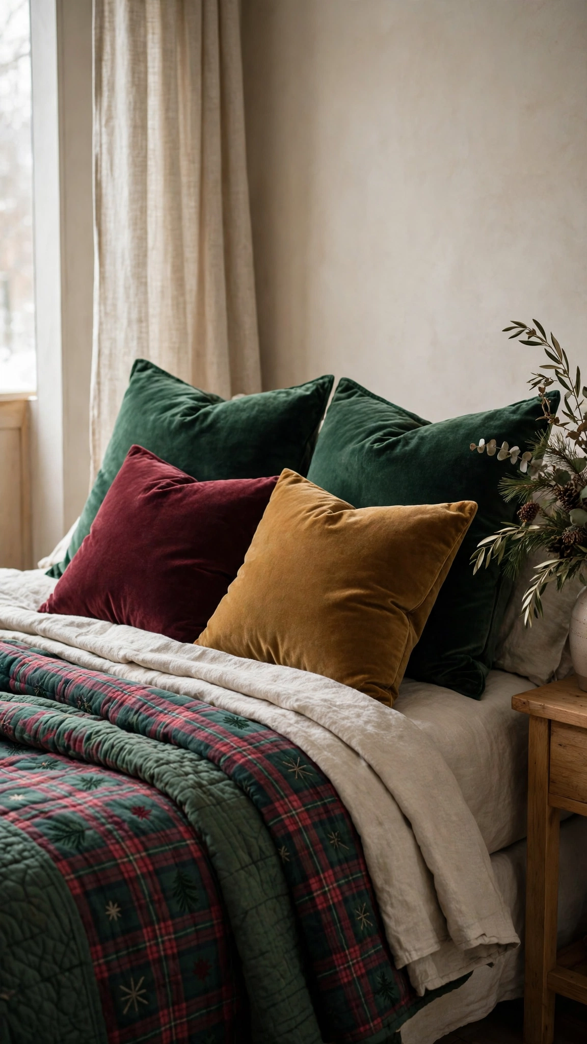 Christmas Bedroom Decor Ideas for a Cozy Festive Retreat 6 Velvet throw pillows arranged on a festive bed with soft natural light