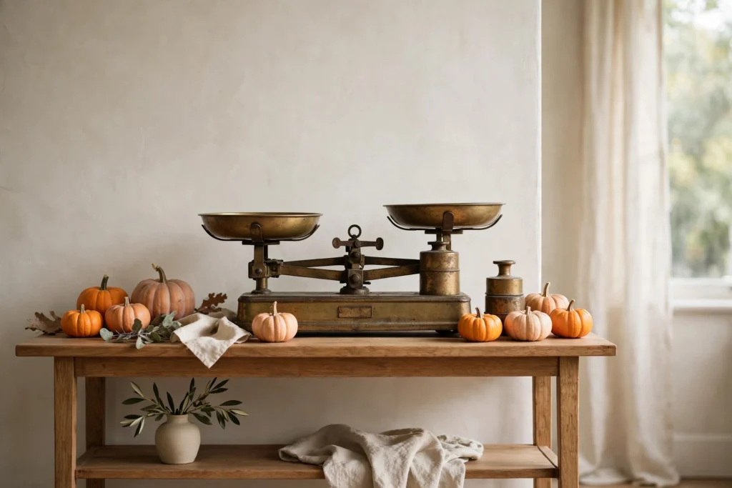 Rustic Thanksgiving Decor for a Warm Cozy Harvest Feel 14 Vintage scale styled with pumpkins creating a charming rustic vignette.