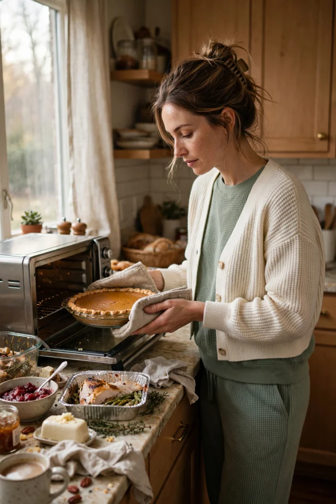 Woman in a waffle-knit lounge set and cropped cardigan reheating pie at home.