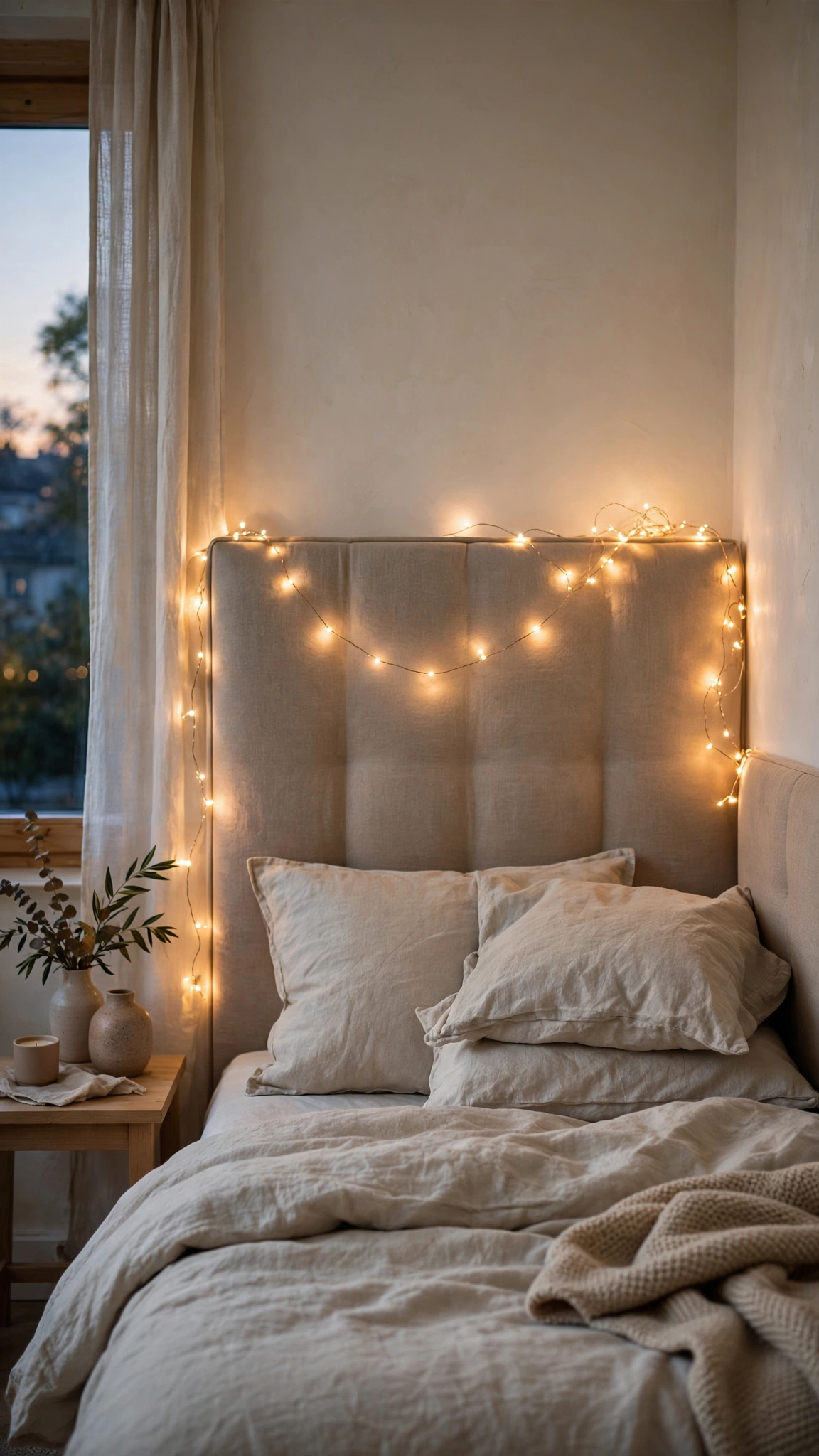 Christmas Bedroom Decor Ideas for a Cozy Festive Retreat 4 Warm string lights glowing along a bedroom headboard in soft evening light