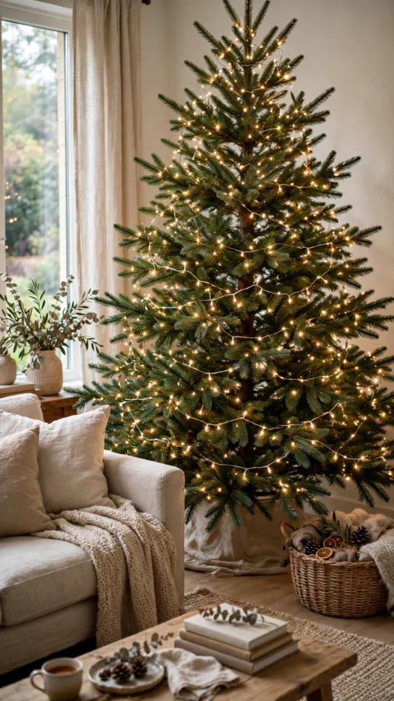 Christmas Tree Decorating Ideas for a Magical Holiday Look 3 Warm white string lights woven deep through green Christmas tree branches glowing softly