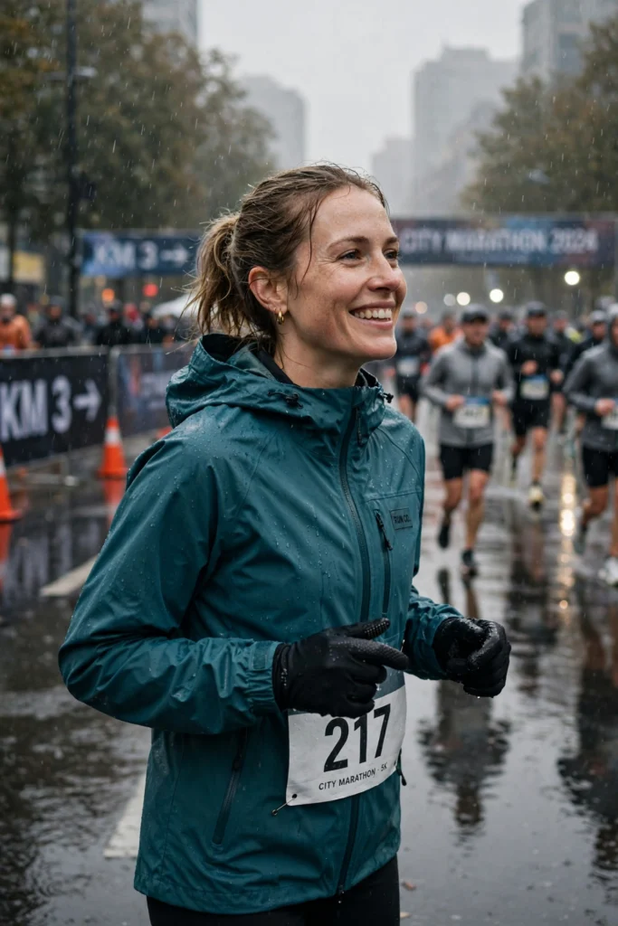 Smiling runner in a teal shell jacket racing steady through light rain.