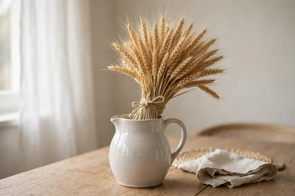 Beautiful hand-tied wheat sheaf standing tall in a ceramic pitcher centerpiece.