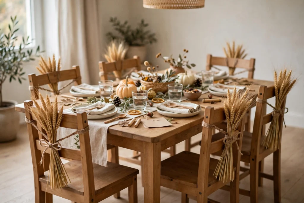 Wheat-sheaf ties knotted on dining chair backs around a children's Thanksgiving table