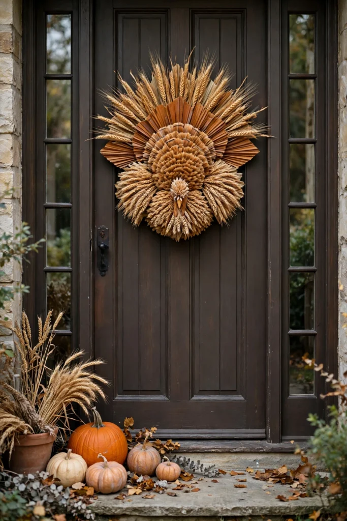 Wheat stalk turkey wreath in amber tones on tall narrow front door entryway.
