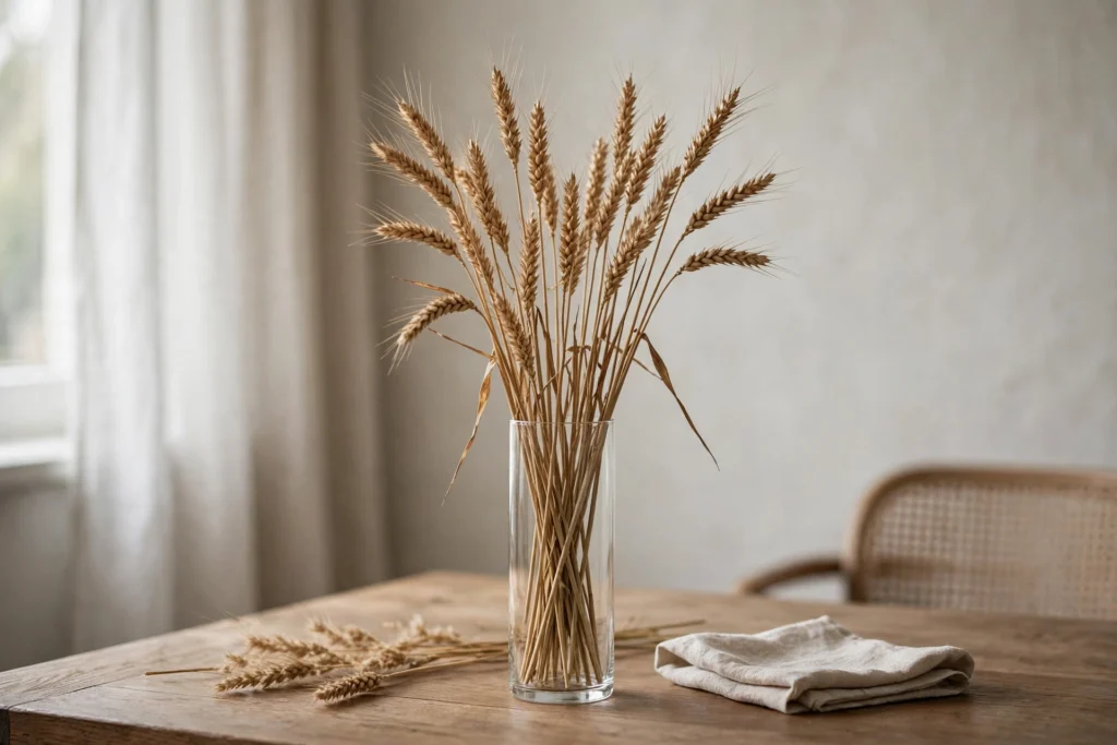 Budget Thanksgiving Tablescape Ideas That Still Look Elegant 15 Dried wheat stalks standing tall in a vase as affordable decor.