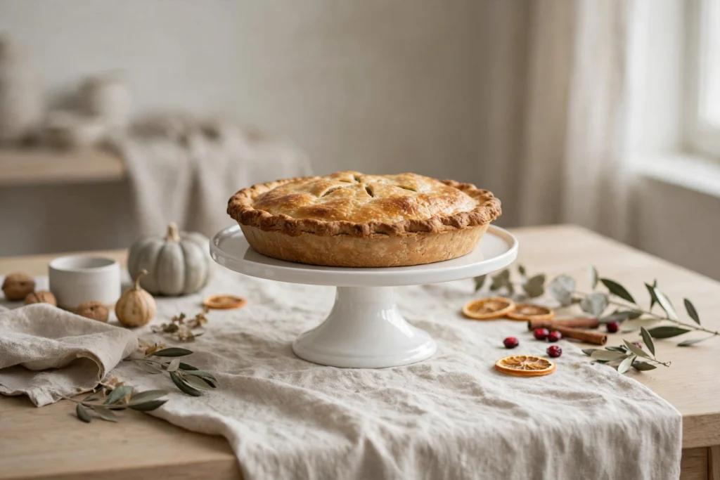 Modern Minimalist Thanksgiving Decor for a Chic Clean Table 14 White ceramic cake stand displaying pie on a minimalist Thanksgiving dessert table.