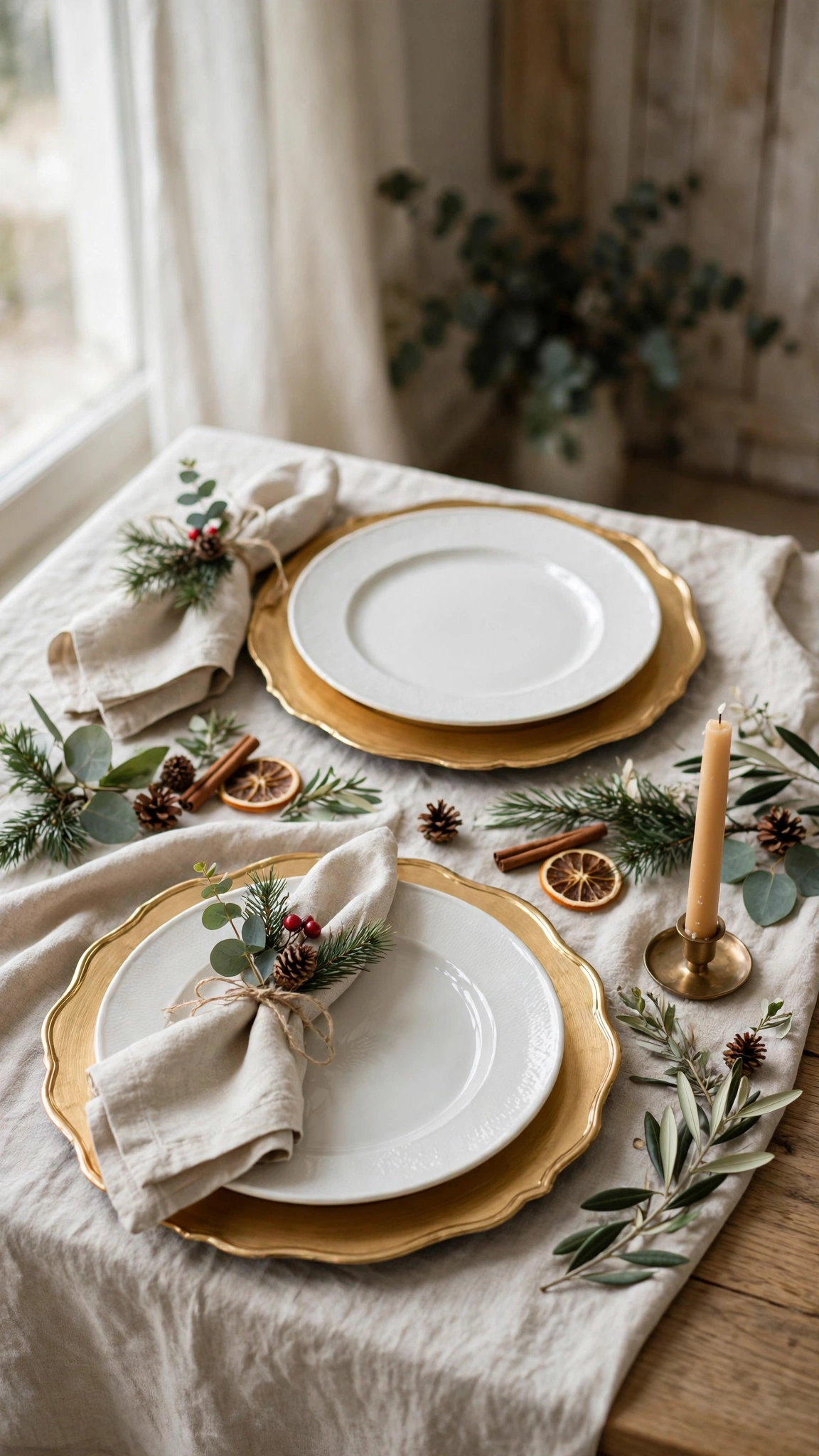 White ceramic dinner plates arranged on gold chargers at a festive holiday dinner table.