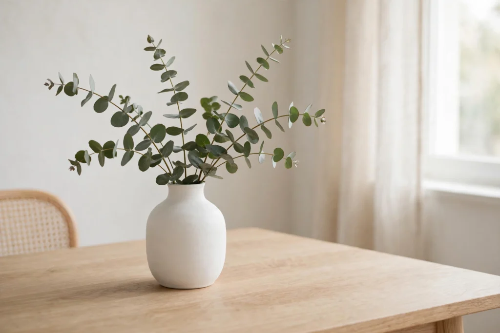 Modern Minimalist Thanksgiving Decor for a Chic Clean Table 2 White ceramic vase with eucalyptus stems centered on a minimalist dining table.