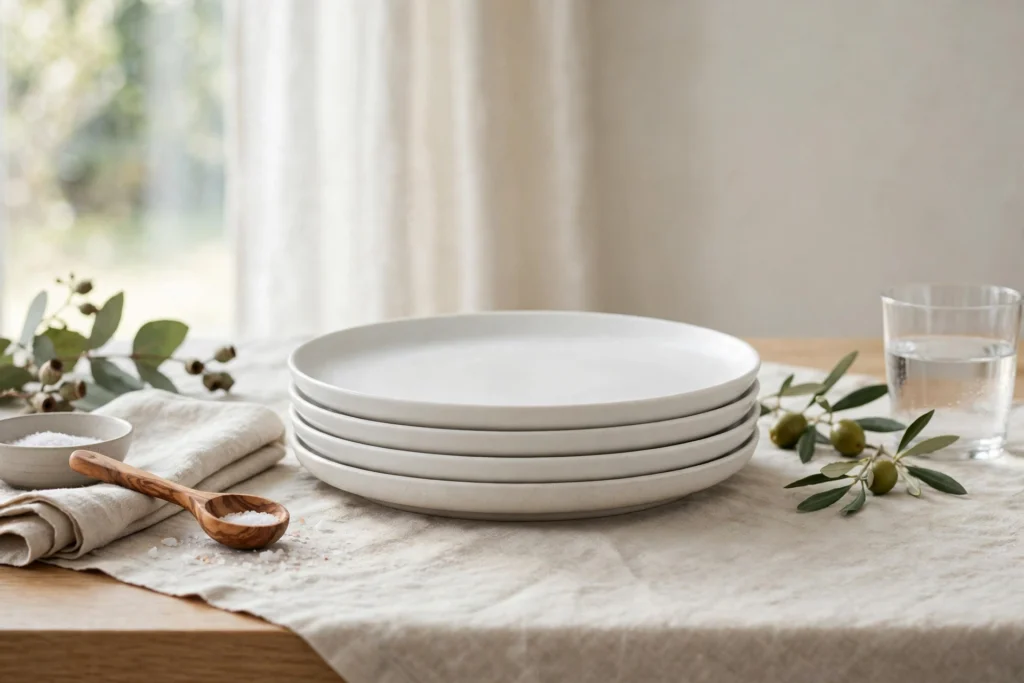 Budget Thanksgiving Tablescape Ideas That Still Look Elegant 8 Simple white dinner plates creating an elegant budget table setting.