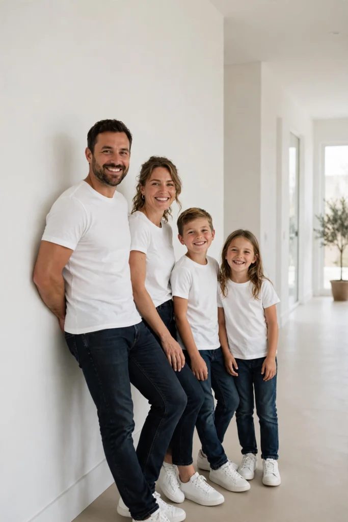 Family Thanksgiving Twinning Outfits for a Cute Photo Moment 17 Family of four in white tops and dark jeans smiling in a bright hallway.