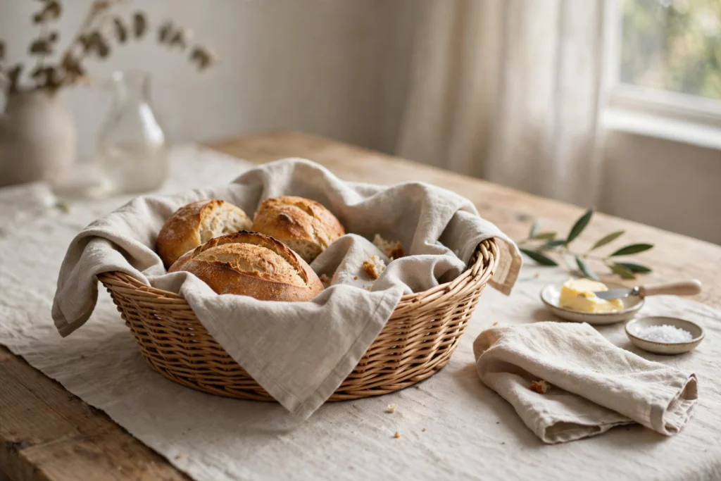 Wicker bread basket with cloth liner styled beautifully on a holiday table.