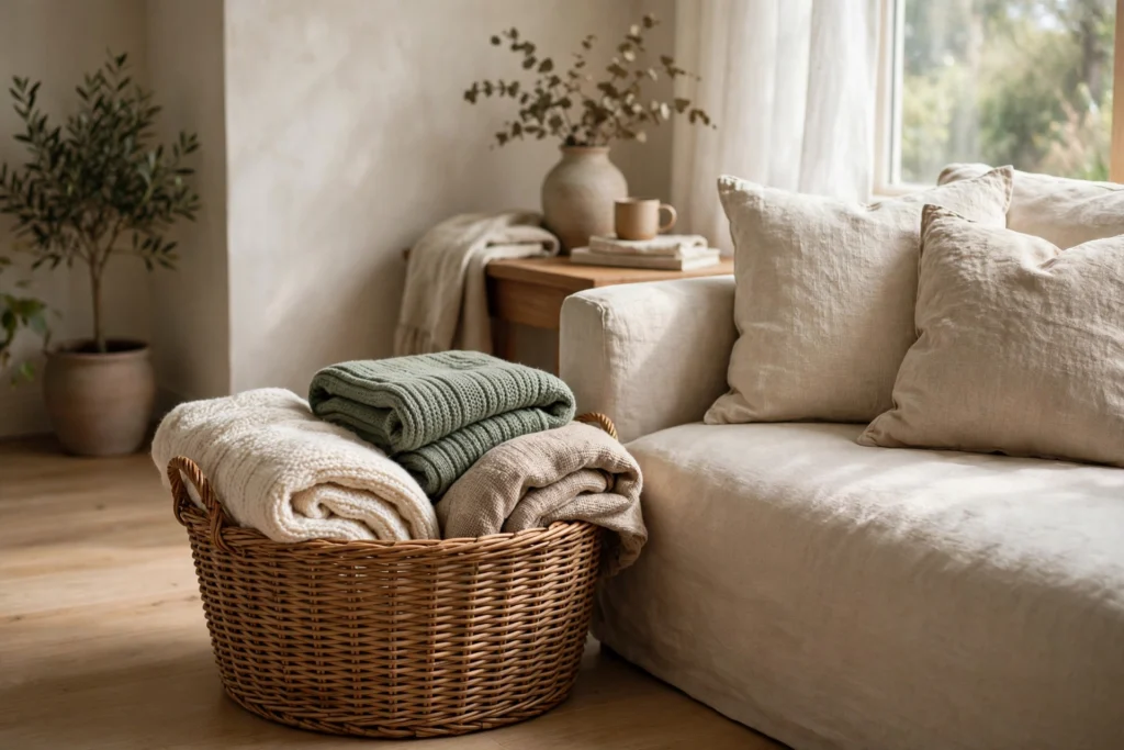 Friendsgiving Decor Ideas for a Fun Festive Party 10 Wicker storage basket holding folded throw blankets beside a sofa in daylight.