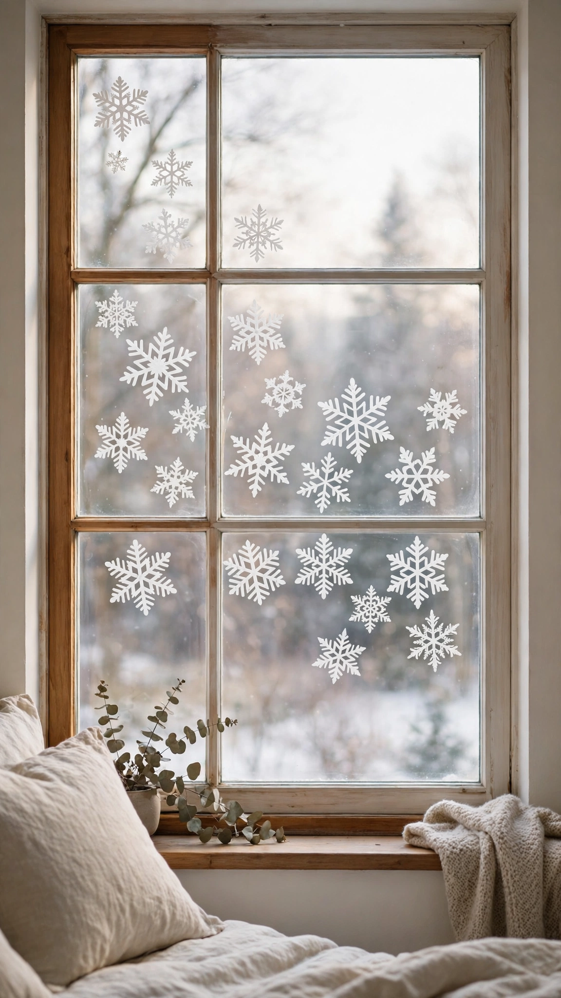 Christmas Bedroom Decor Ideas for a Cozy Festive Retreat 14 Window snowflake decals on a bedroom window catching soft gentle winter daylight