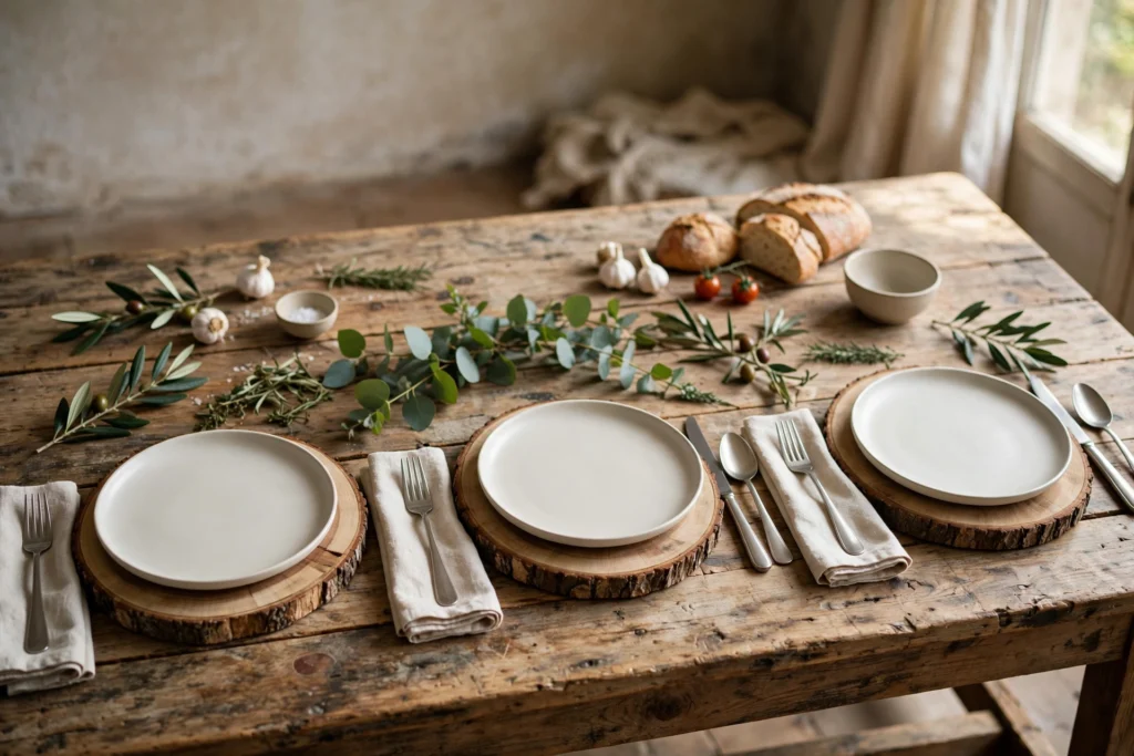 Rustic Thanksgiving Decor for a Warm Cozy Harvest Feel 16 Natural wood slice chargers under plates on a rustic holiday table.