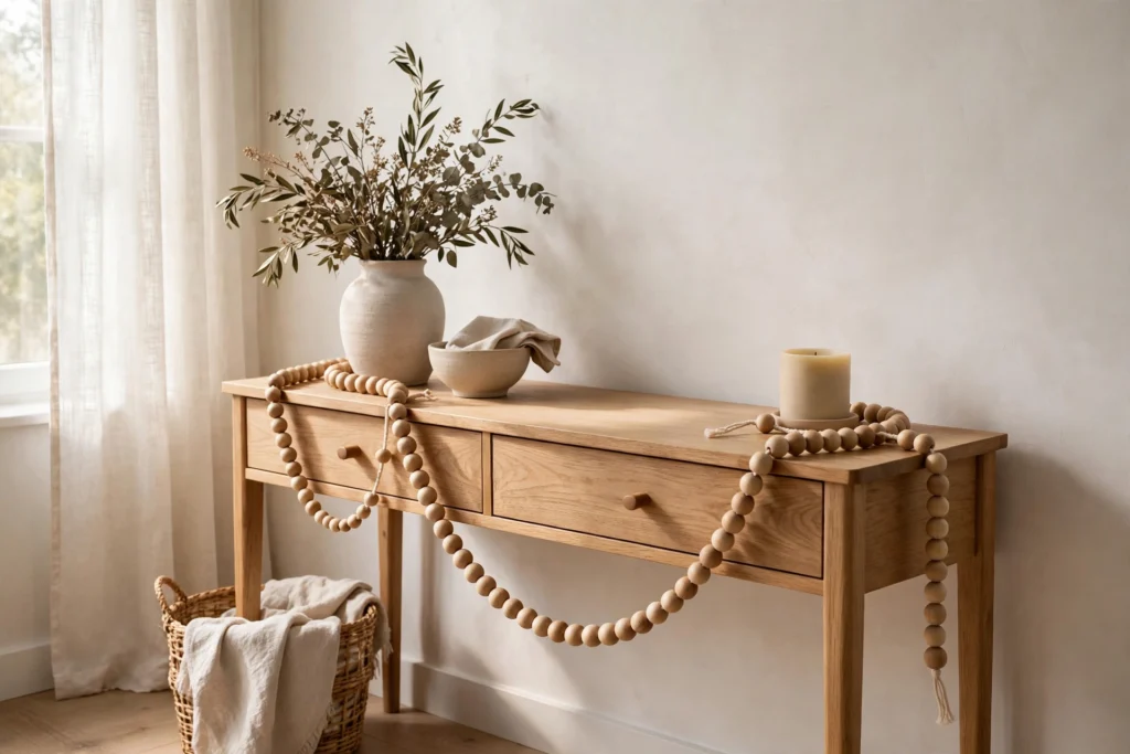 Turkey Day Decor Ideas for a Cozy Festive Home 23 Long natural wooden bead garland draped beautifully along a styled console table.