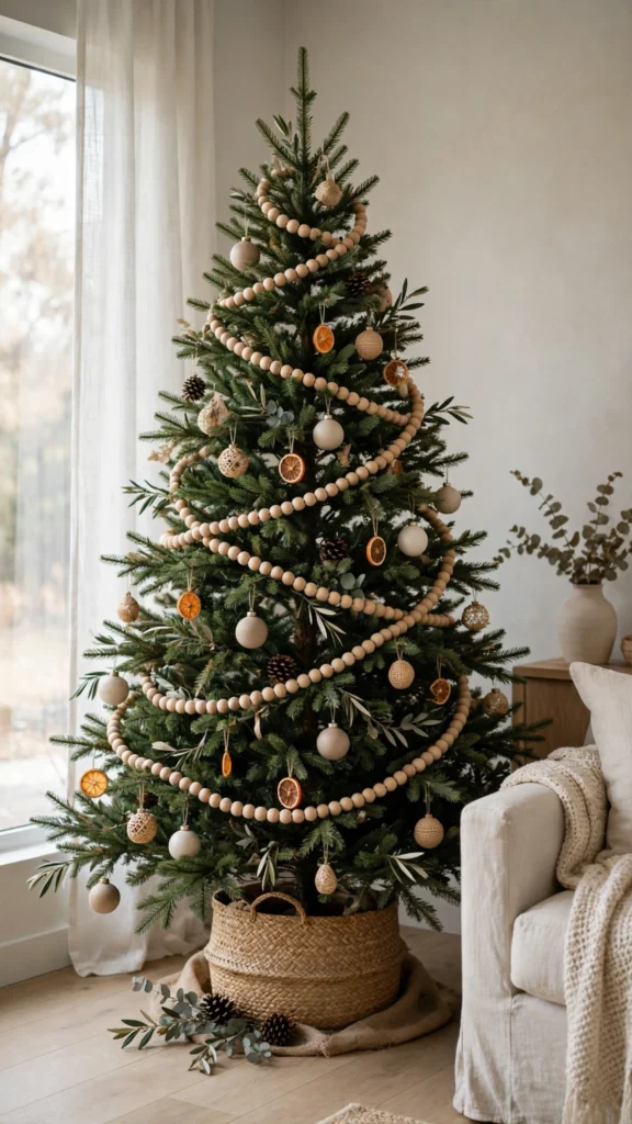 Christmas Tree Decorating Ideas for a Magical Holiday Look 8 A wooden bead garland wrapped loosely around a decorated Christmas tree with ornaments