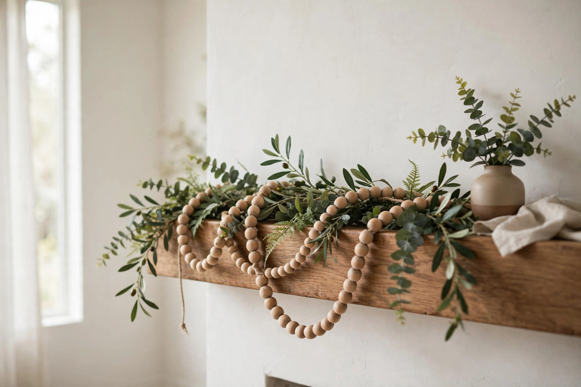Wooden bead garland layered over greenery on a fireplace mantel.