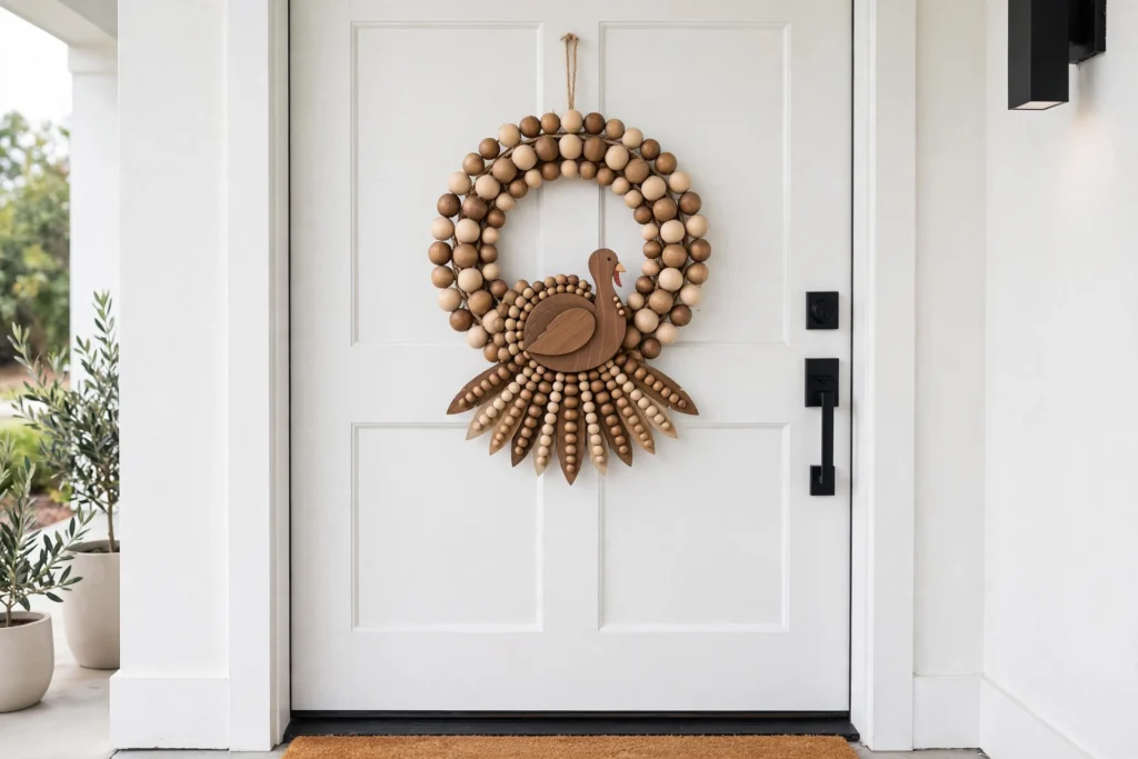 Wooden bead turkey wreath with natural beads on white modern front door entryway.