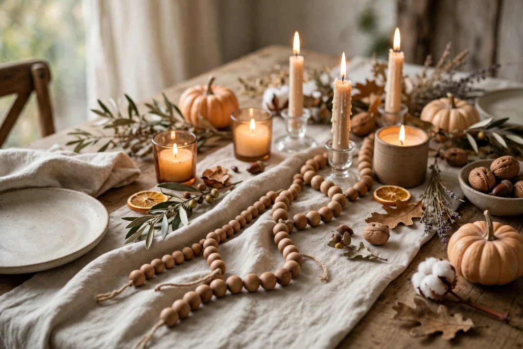 Cornucopia Decor Ideas for a Traditional Thanksgiving Table 16 Wooden beaded garland draped over a linen runner on a Thanksgiving table