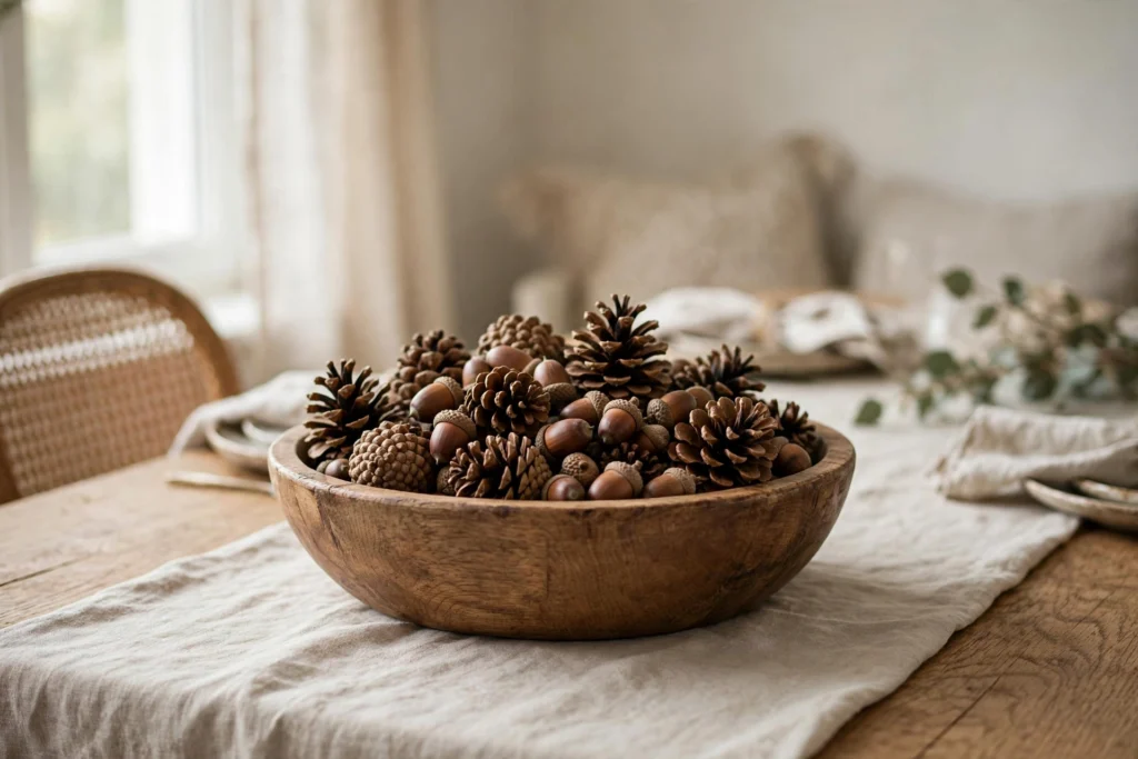 Wooden bowl filled with pinecones and acorns as rustic table decor centerpiece.