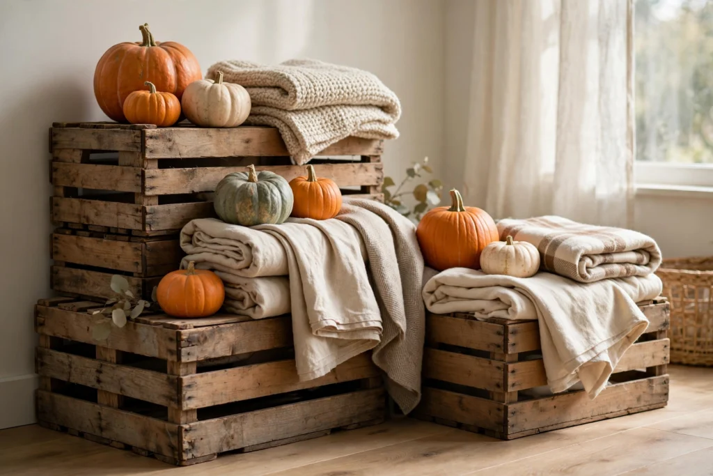 Rustic Thanksgiving Decor for a Warm Cozy Harvest Feel 8 Wooden crates stacked with pumpkins creating a rustic display vignette.