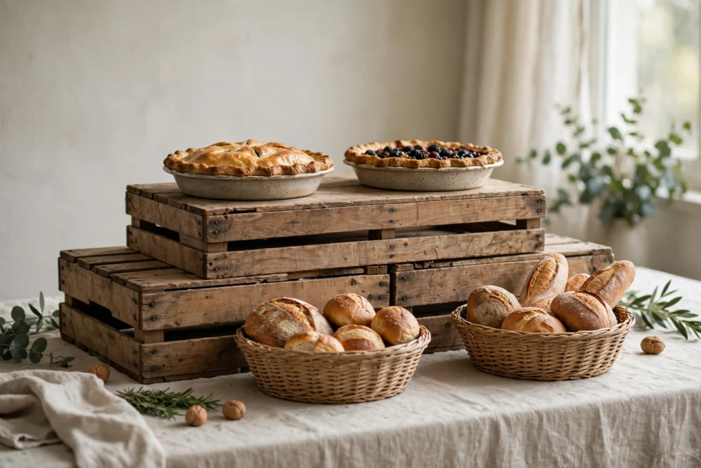 Friendsgiving Decor Ideas for a Fun Festive Party 18 Wooden crate riser lifting pie dishes and bread baskets on a buffet table.