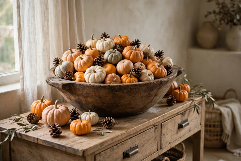 Cornucopia Decor Ideas for a Traditional Thanksgiving Table 21 Wooden dough bowl overflowing with mini pumpkins and pinecones on a console