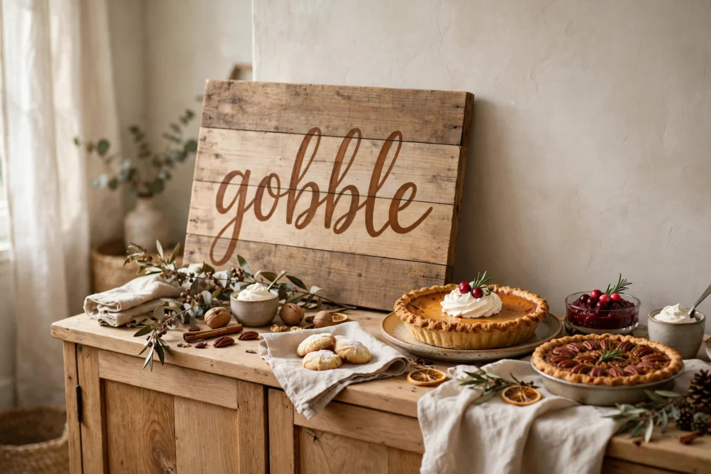 Wooden gobble sign in playful script leaning on a sideboard near Thanksgiving desserts