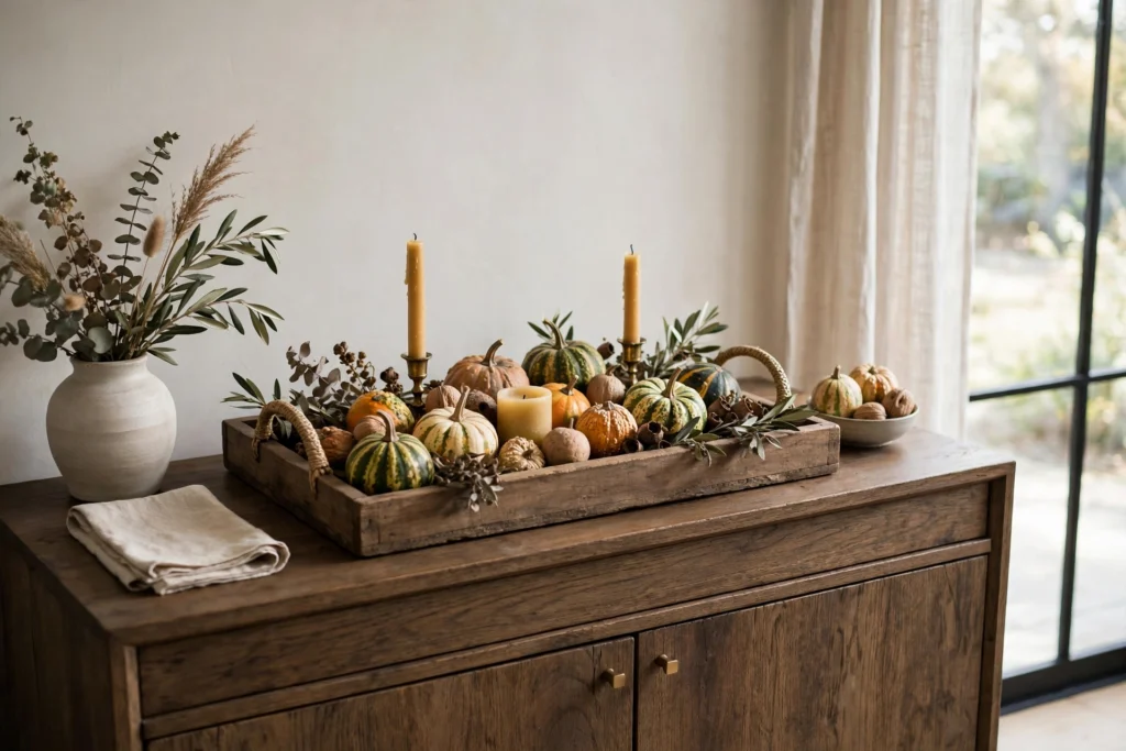 Cornucopia Decor Ideas for a Traditional Thanksgiving Table 7 Wooden harvest tray with candles and gourds arranged on a dining room sideboard