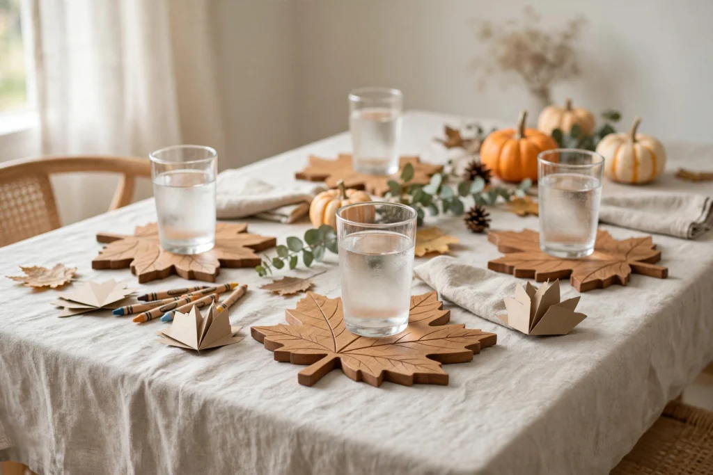Wooden leaf coasters under tumblers on a children's Thanksgiving table with linens