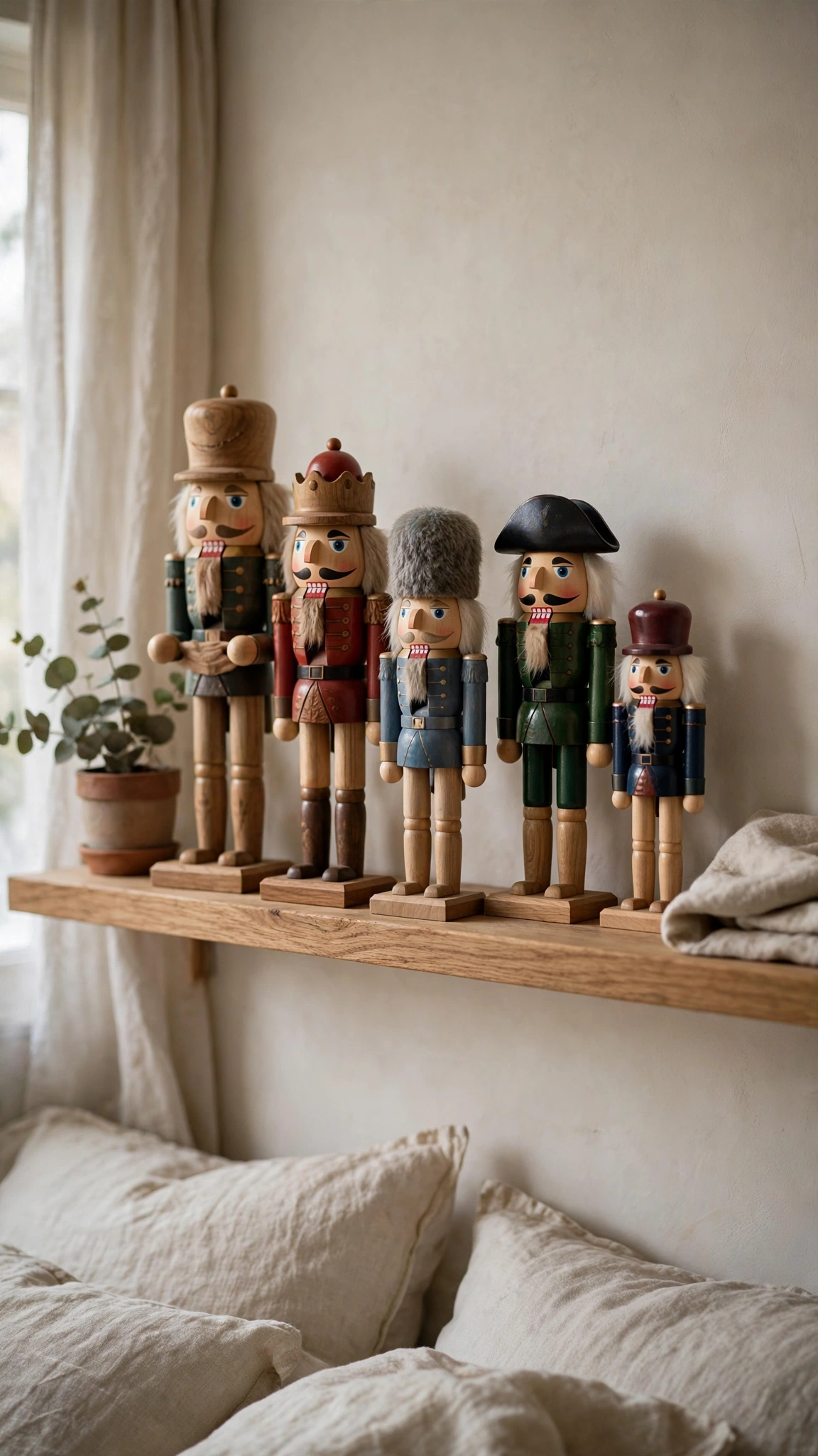 Christmas Bedroom Decor Ideas for a Cozy Festive Retreat 21 Wooden nutcracker figurines standing on a cozy bedroom shelf with soft light