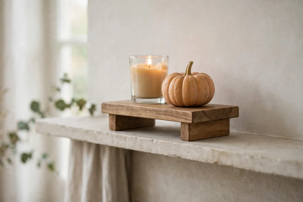 Turkey Day Decor Ideas for a Cozy Festive Home 18 Wooden riser stand elevating a candle and small pumpkin on a mantel.